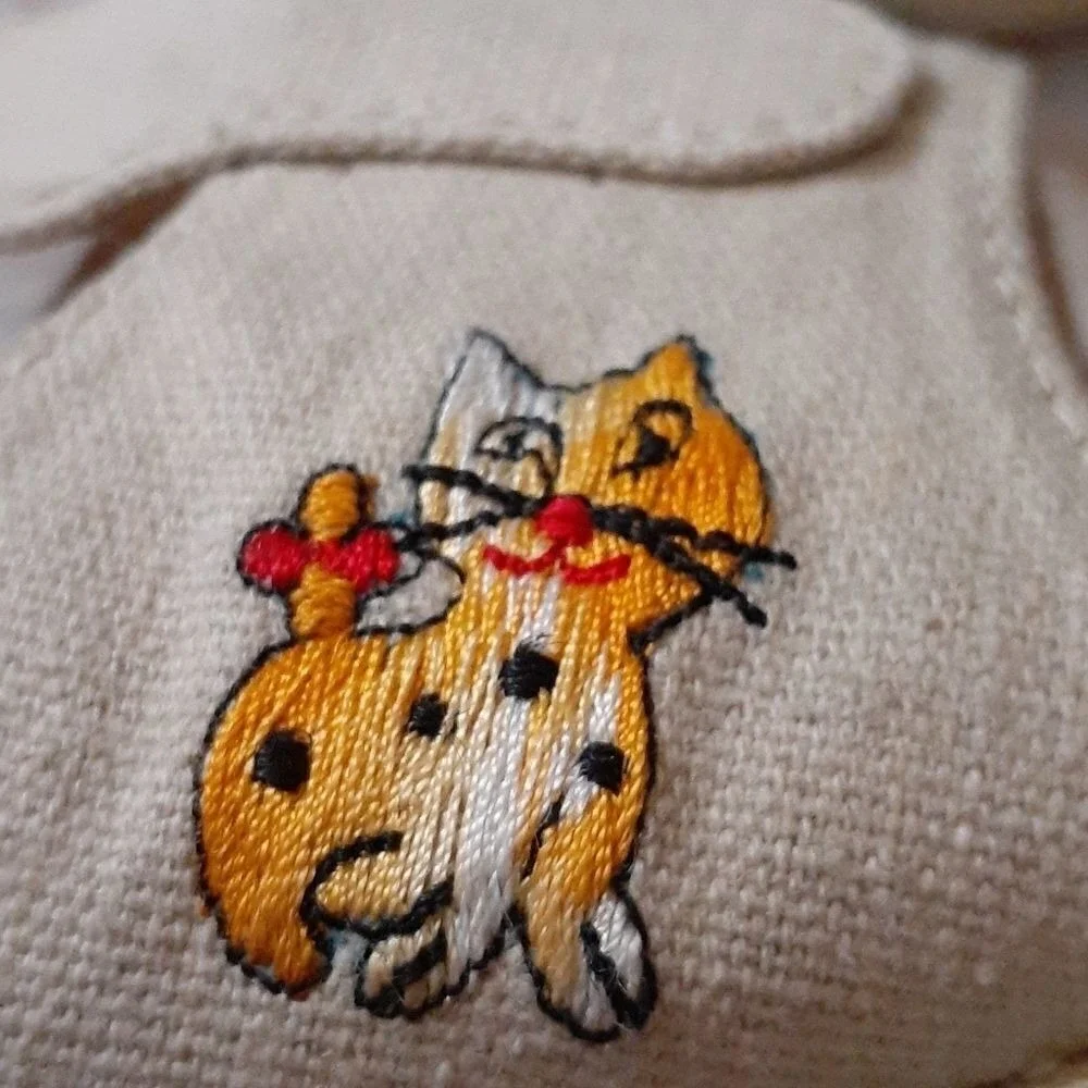 70s Vintage Kids Tan Wedge Sandals with Cute Cat Embroidery Espadrille‎ rainbow
